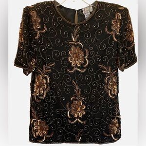 Vintage Exotica Silk Beaded Sequin Evening Top Black Gold Short Sleeve S